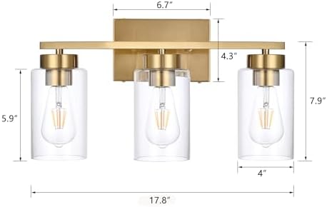3-Light Brushed Gold Bathroom Vanity Light with Clear Glass Shades