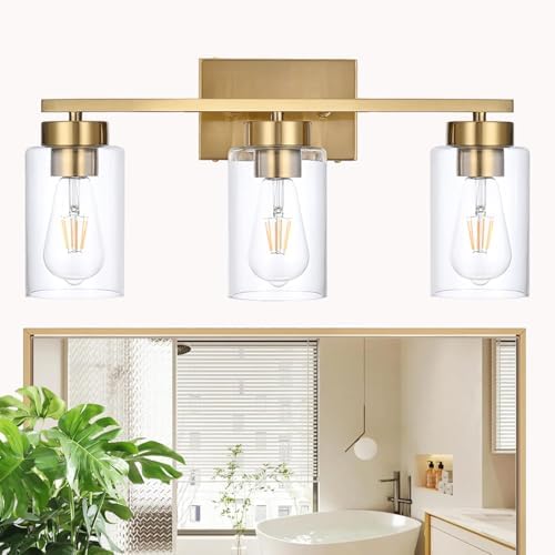 3-Light Brushed Gold Bathroom Vanity Light with Clear Glass Shades