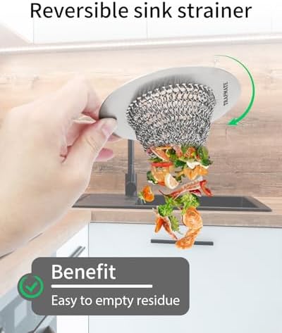TRAPMATE Kitchen Sink Drain Strainer 304 Stainless Steel Reversible Large Capacity