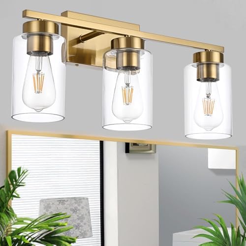 3-Light Brushed Gold Bathroom Vanity Light with Clear Glass Shades