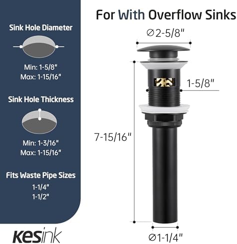 Kesink Black Bathroom Sink Drain with Anti-Clog Basket and Pop-Up Function