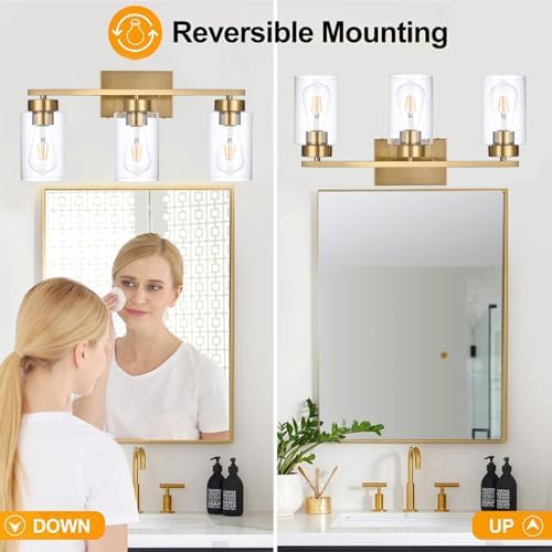 3-Light Brushed Gold Bathroom Vanity Light with Clear Glass Shades