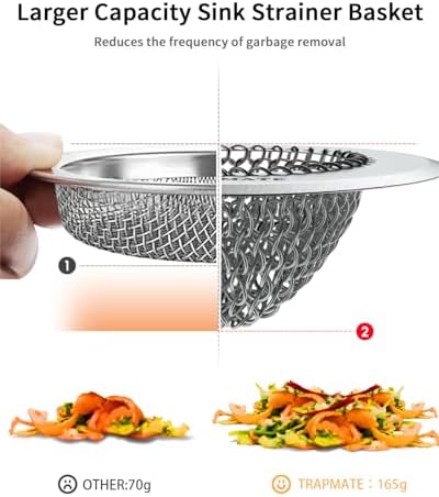 TRAPMATE Kitchen Sink Drain Strainer 304 Stainless Steel Reversible Large Capacity
