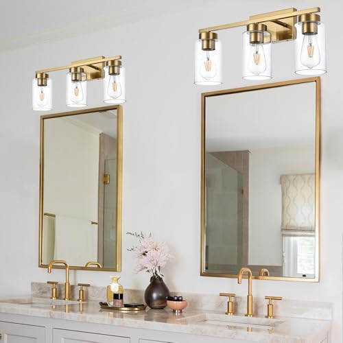 3-Light Brushed Gold Bathroom Vanity Light with Clear Glass Shades