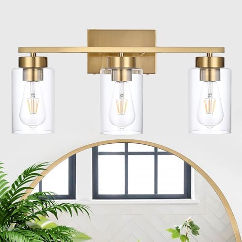 3-Light Brushed Gold Bathroom Vanity Light with Clear Glass Shades