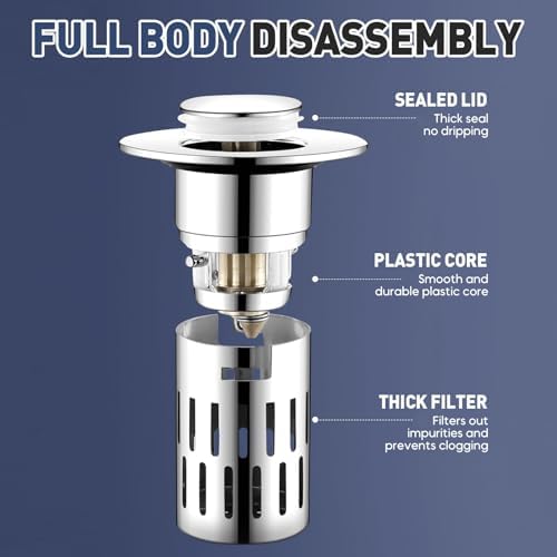 PETUPS Bathroom Sink Drain Strainer with Pop Up Mechanism