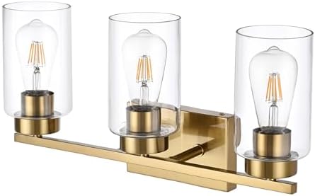 3-Light Brushed Gold Bathroom Vanity Light with Clear Glass Shades