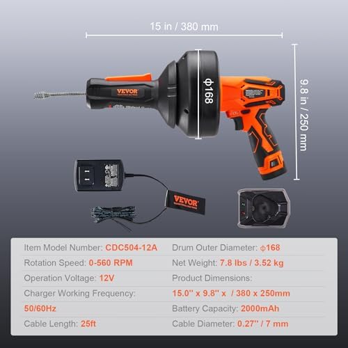 VEVOR 12V Electric Drain Auger with 25FT Cable