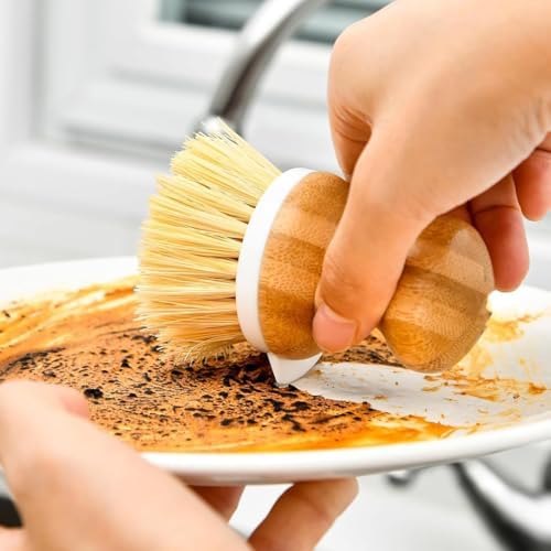 EFAILY Bamboo Dish Brush with Soap Dispenser