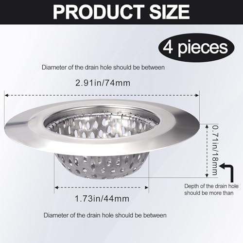 4PCS Stainless Steel Drain Strainers for Kitchen Sink Bath Shower and Laundry