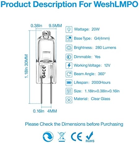 WeshLMPO G4 Bulb 12V 20W Halogen 2 Pin 12 Pack