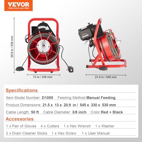 VEVOR Drain Cleaner Machine 50FT 38 Inch with 4 Cutters 1