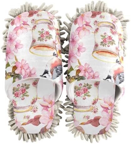 Sinestour Bird Flowers Pink Mop Slippers for Floor Cleaning