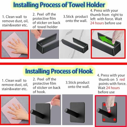 1 Black Self-Adhesive Towel Rail with 2 Hooks