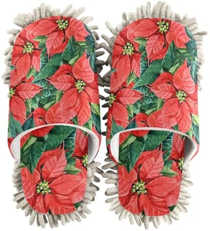 Sinestour Red Flowers Leaves Mop Slippers for Floor Cleaning