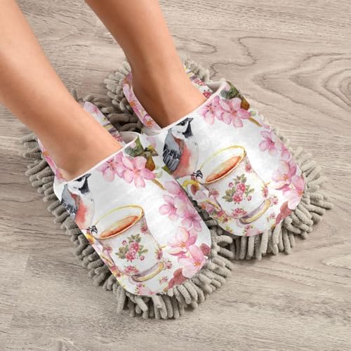 Sinestour Bird Flowers Pink Mop Slippers for Floor Cleaning