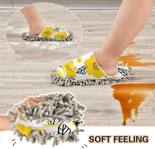 Sinestour Yellow Flower Leaves Mop Slippers for Floor Cleaning