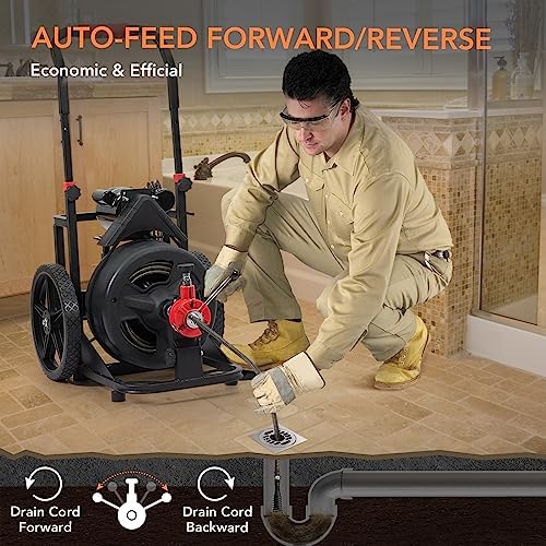 PioneerWorks 100Ft Drain Cleaner with 6 Cutters and Auto-feed Function