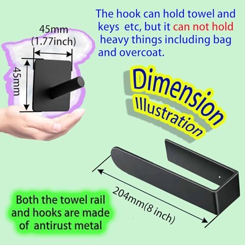 1 Black Self-Adhesive Towel Rail with 2 Hooks