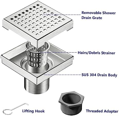 Neodrain 4-Inch Square Shower Drain with Hair Strainer