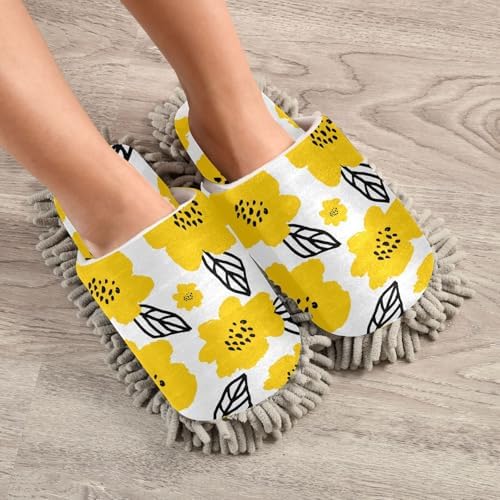 Sinestour Yellow Flower Leaves Mop Slippers for Floor Cleaning