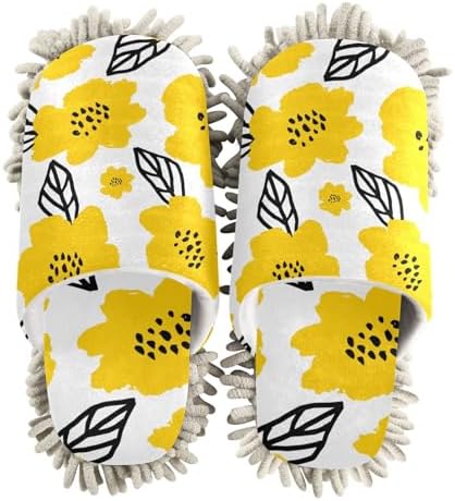 Sinestour Yellow Flower Leaves Mop Slippers for Floor Cleaning