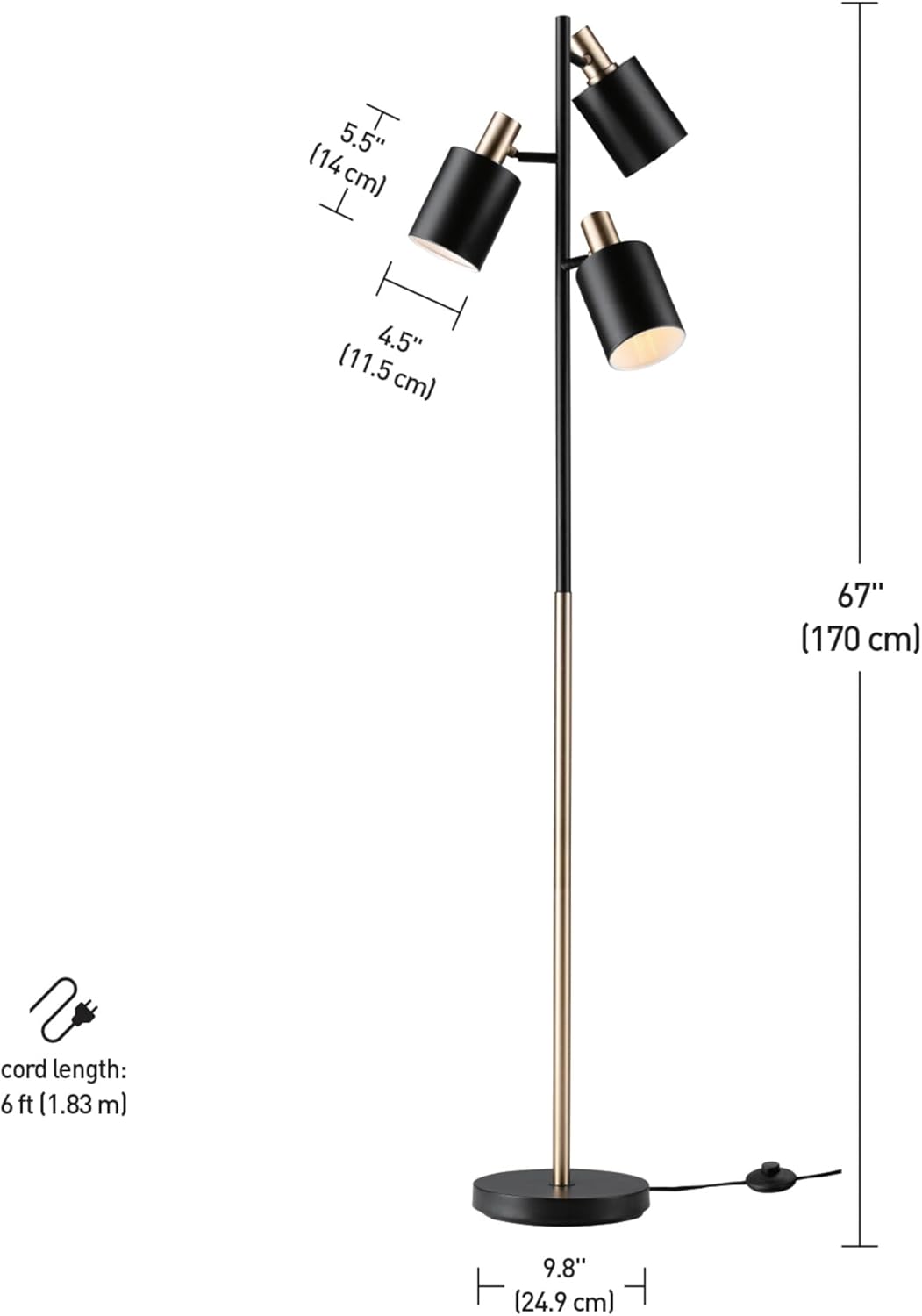 Globe Electric 67354 67 3-Light Track Tree Lamp Matte Black Brass