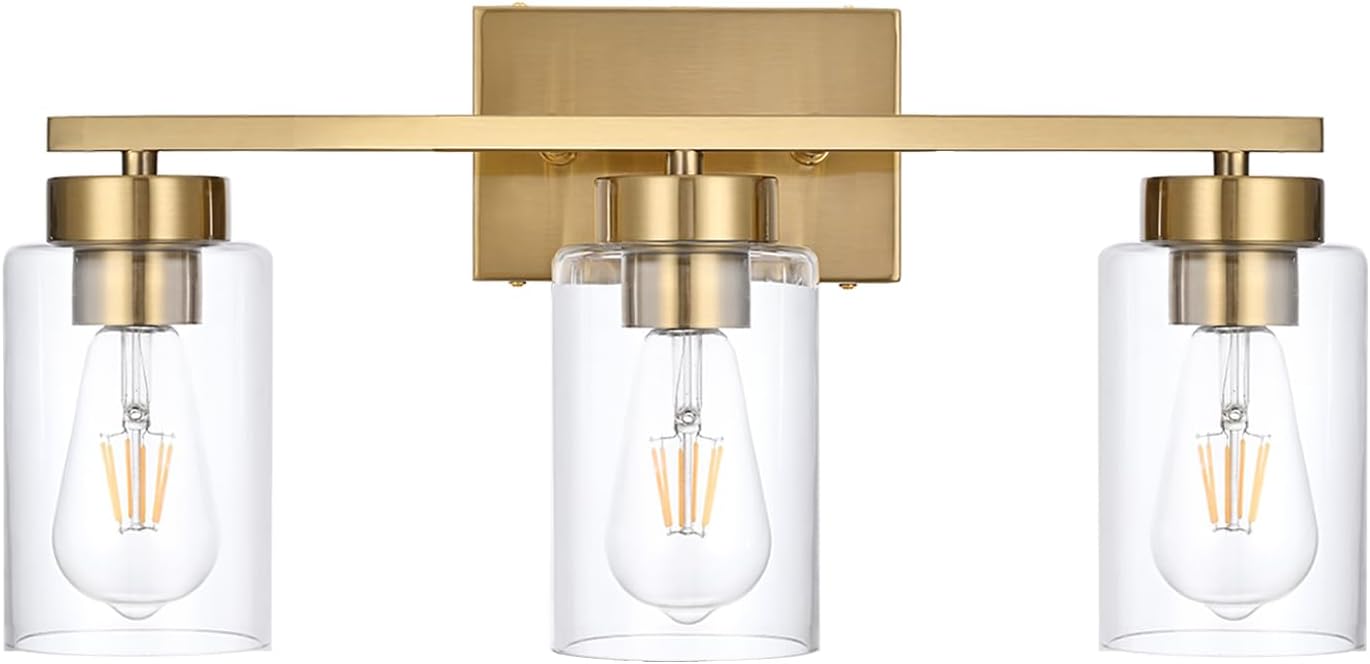3-Light Brushed Gold Bathroom Vanity Light with Clear Glass Shades