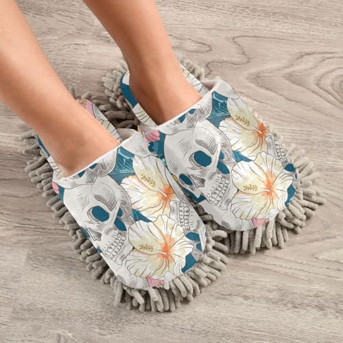 Sinestour Skull Flowers Mop Slippers for Floor Cleaning