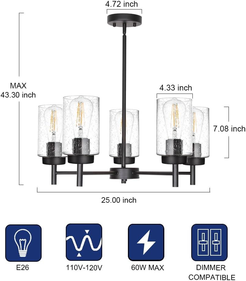 TODOLUZ 5-Lights Black Chandelier with Seeded Glass Shade