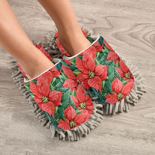 Sinestour Red Flowers Leaves Mop Slippers for Floor Cleaning