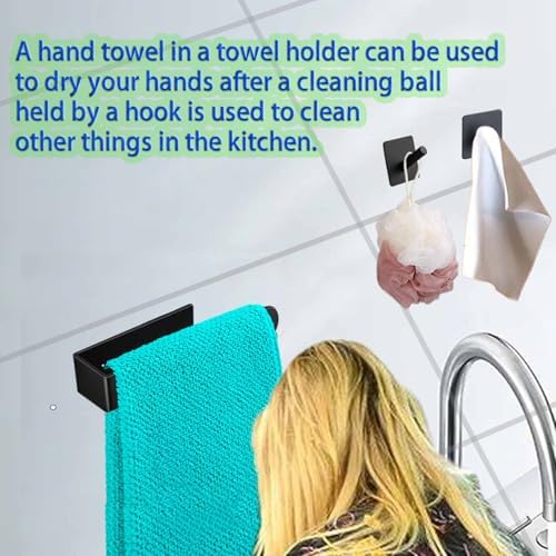 1 Black Self-Adhesive Towel Rail with 2 Hooks