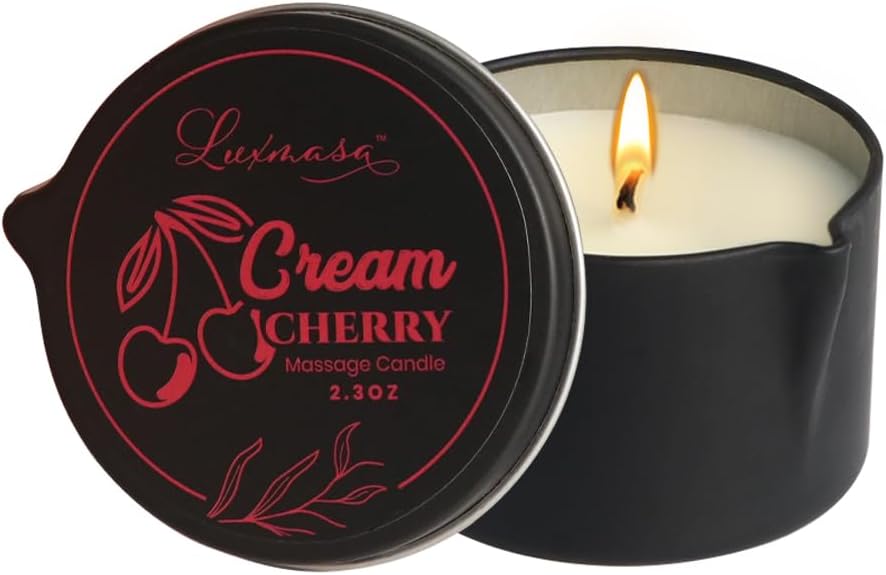 LUXMASA Natural Soy Wax Massage Oil Candle with Cream Cherry Scent