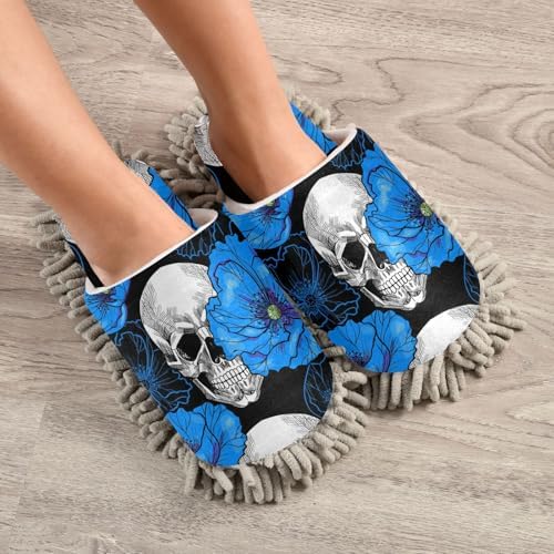 Sinestour Flowers Skull Mop Slippers for Floor Cleaning