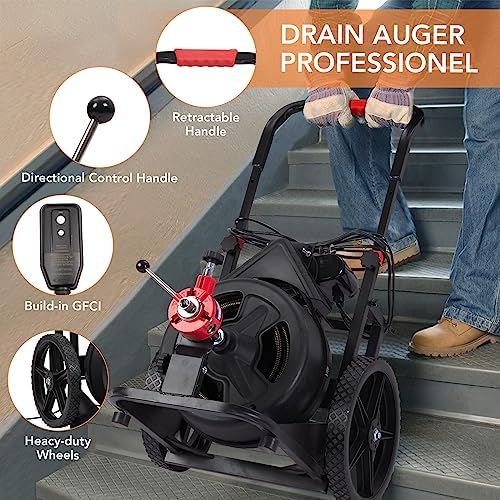 PioneerWorks 100Ft Drain Cleaner with 6 Cutters and Auto-feed Function