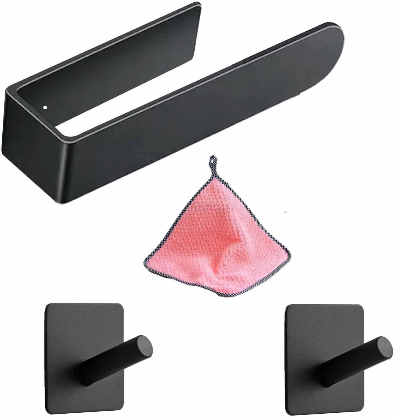 1 Black Self-Adhesive Towel Rail with 2 Hooks