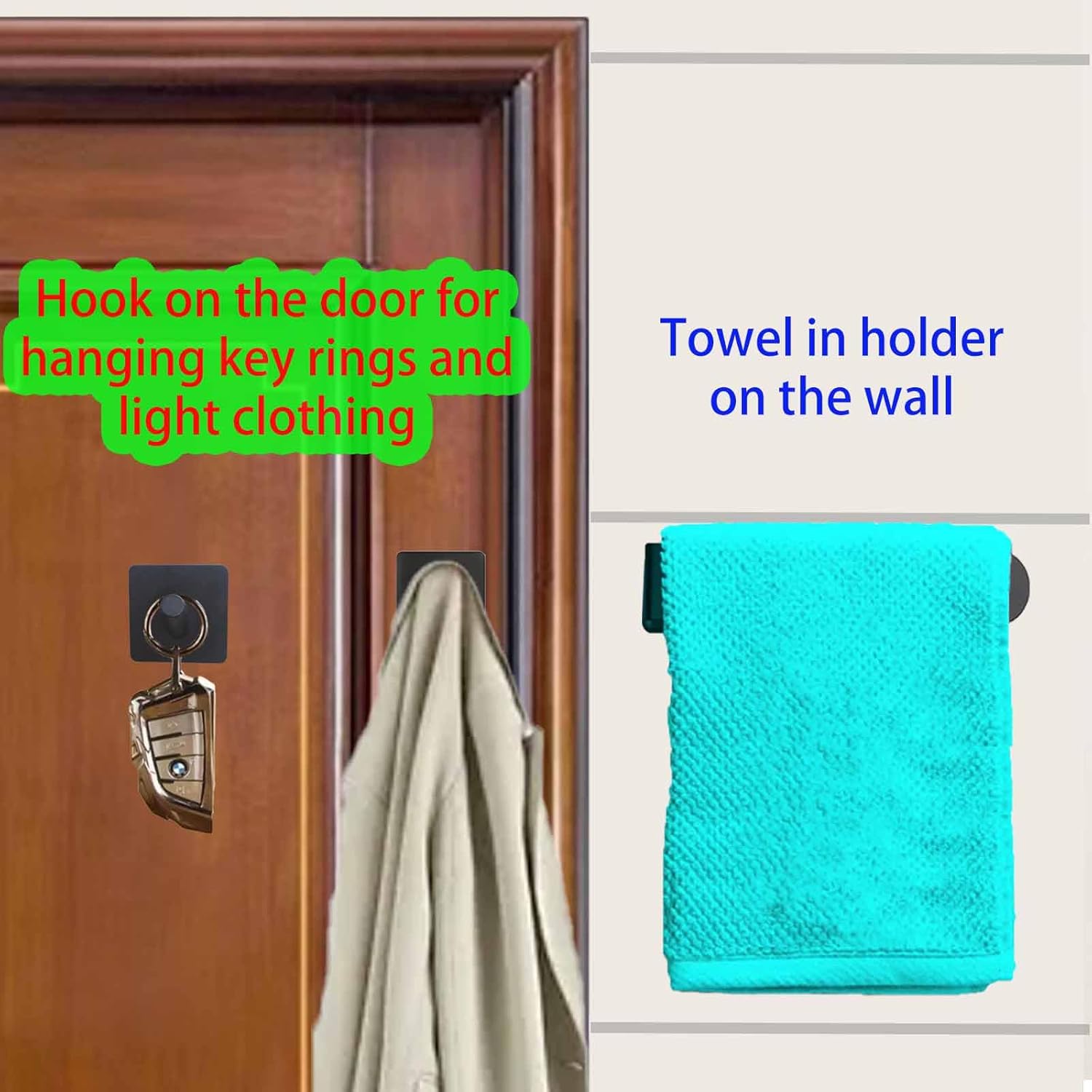 1 Black Self-Adhesive Towel Rail with 2 Hooks