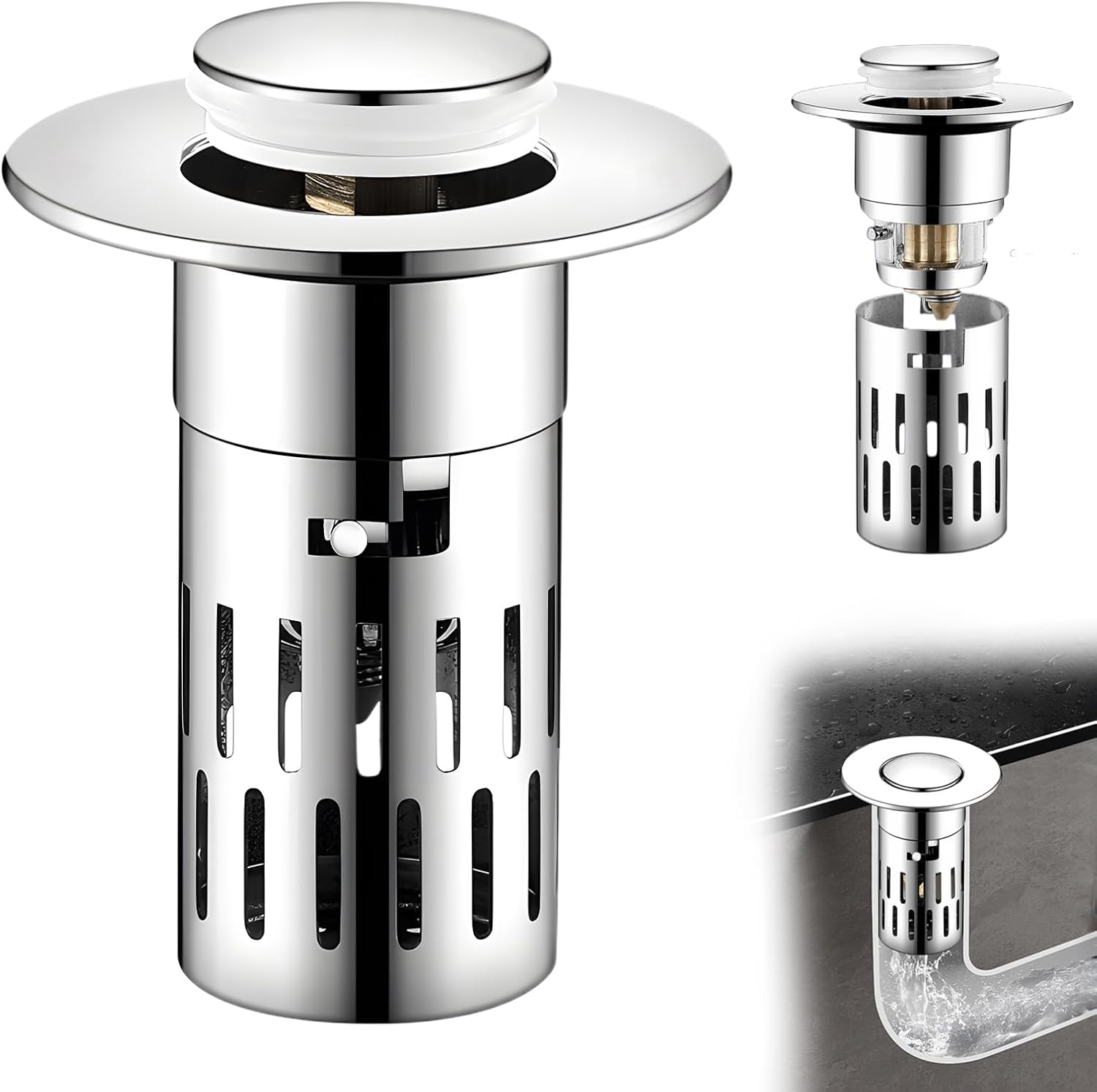 PETUPS Bathroom Sink Drain Strainer with Pop Up Mechanism