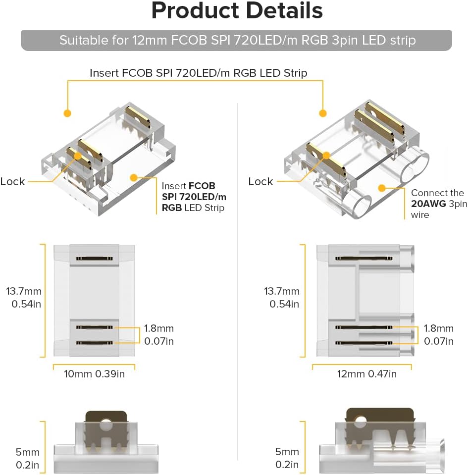 BTF-LIGHTING 3Pin COB LED Strip Connector Kit 8 Pairs 12mm Wide