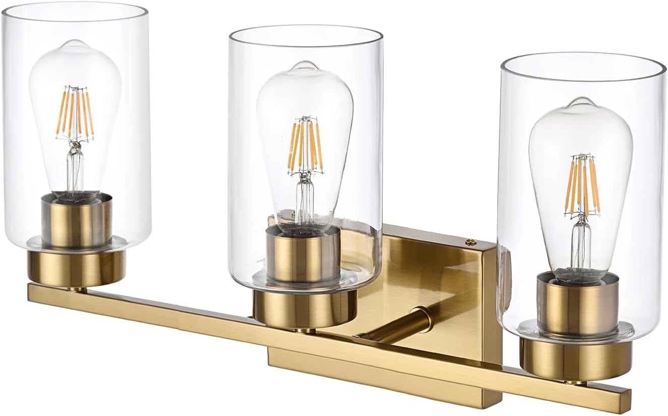 3-Light Brushed Gold Bathroom Vanity Light with Clear Glass Shades