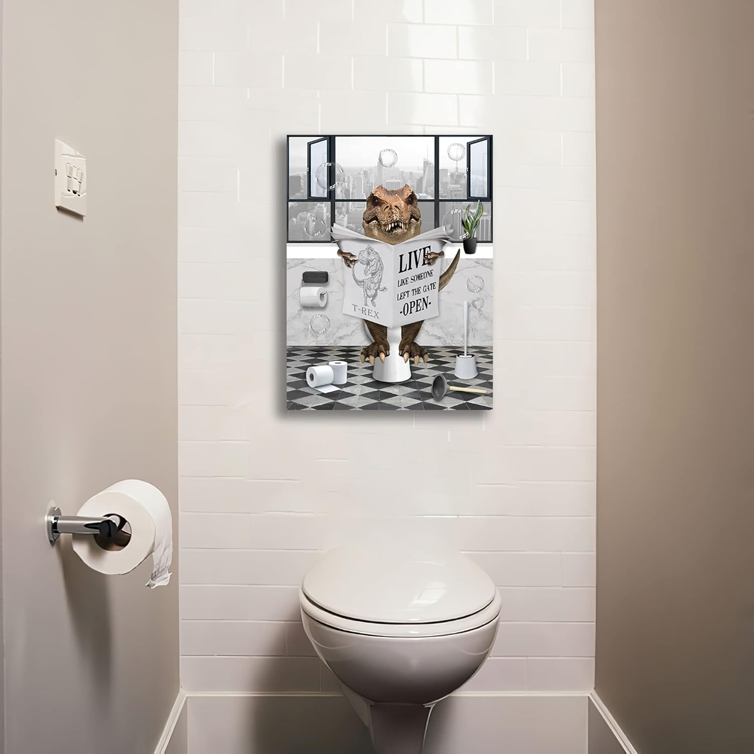 Funny Dinosaur Toilet Reading Newspaper Wall Art 12x16 Framed