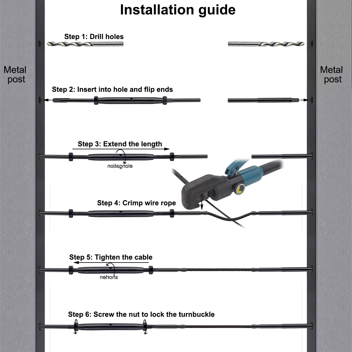 Black Cable Railing Hardware Kit for Metal Posts