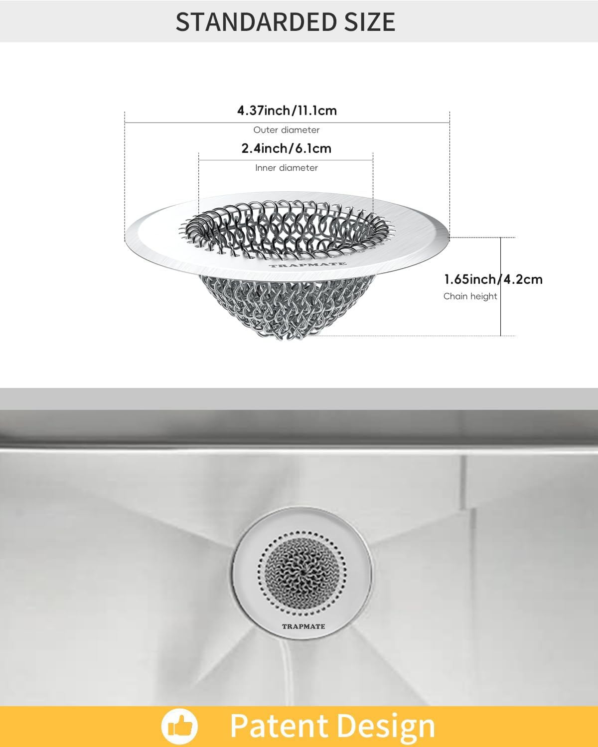 TRAPMATE Kitchen Sink Drain Strainer 304 Stainless Steel Reversible Large Capacity