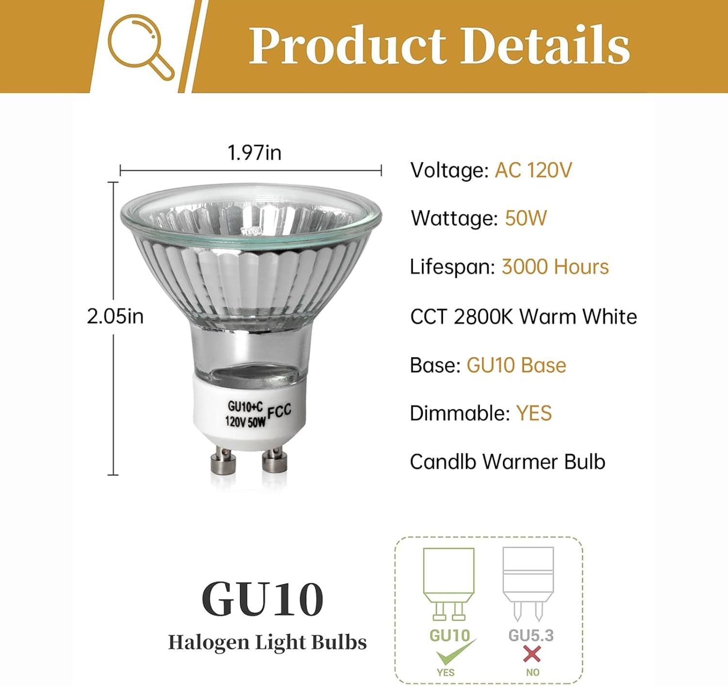 Elenhome 2pcs 50W GU10 Halogen Bulbs 2800K Warm White Dimmable