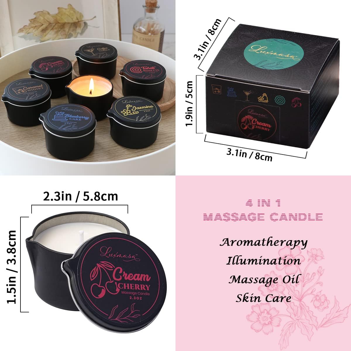 LUXMASA Natural Soy Wax Massage Oil Candle with Cream Cherry Scent