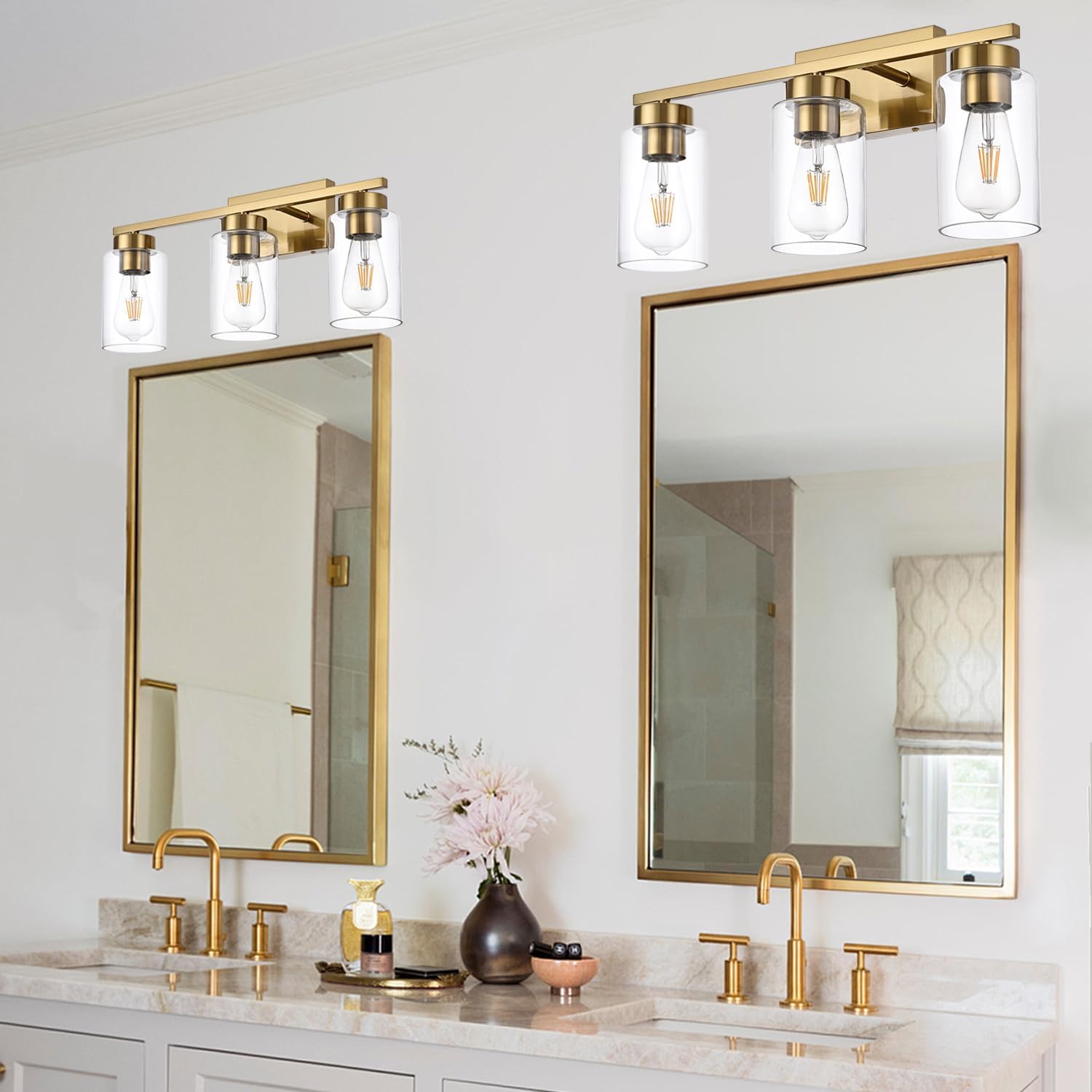 3-Light Brushed Gold Bathroom Vanity Light with Clear Glass Shades
