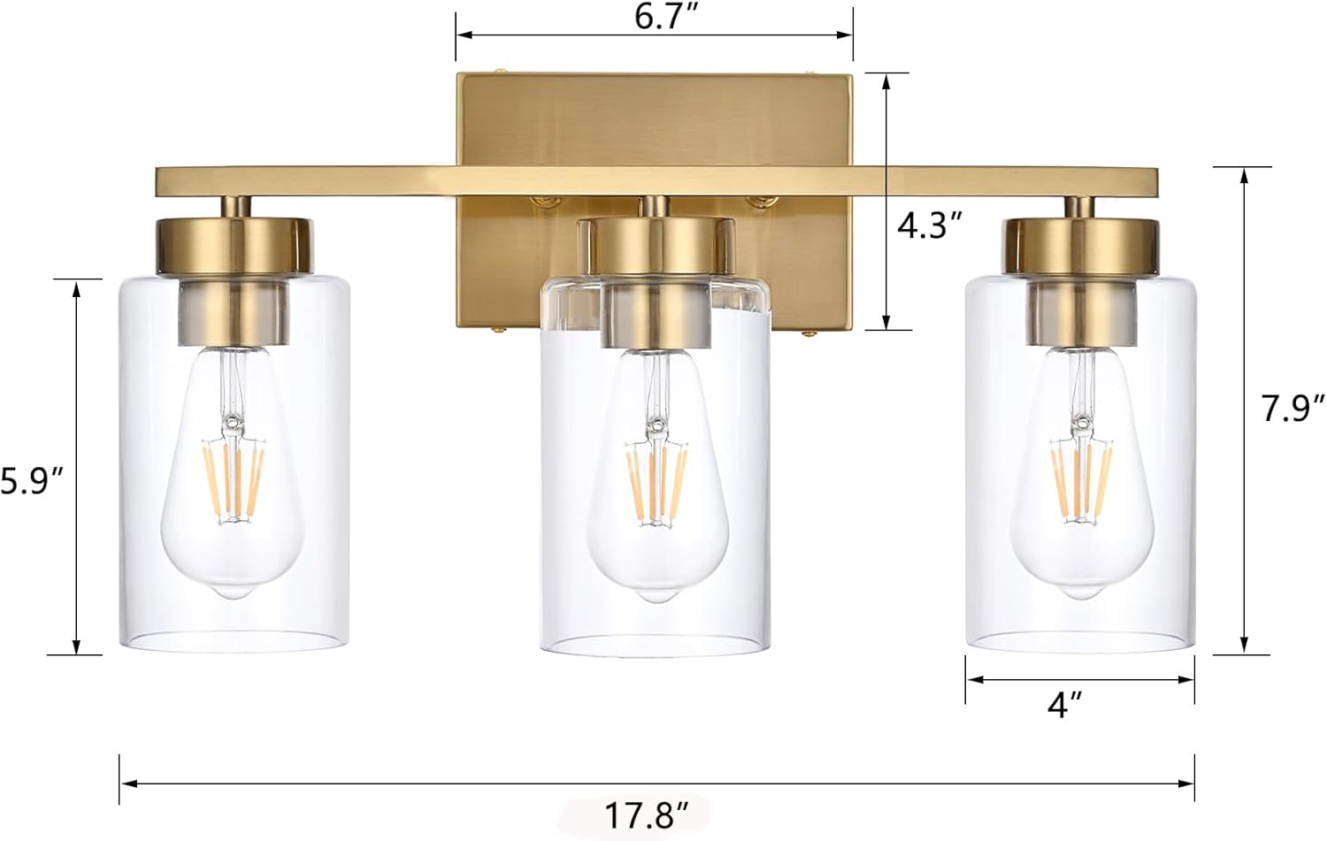 3-Light Brushed Gold Bathroom Vanity Light with Clear Glass Shades