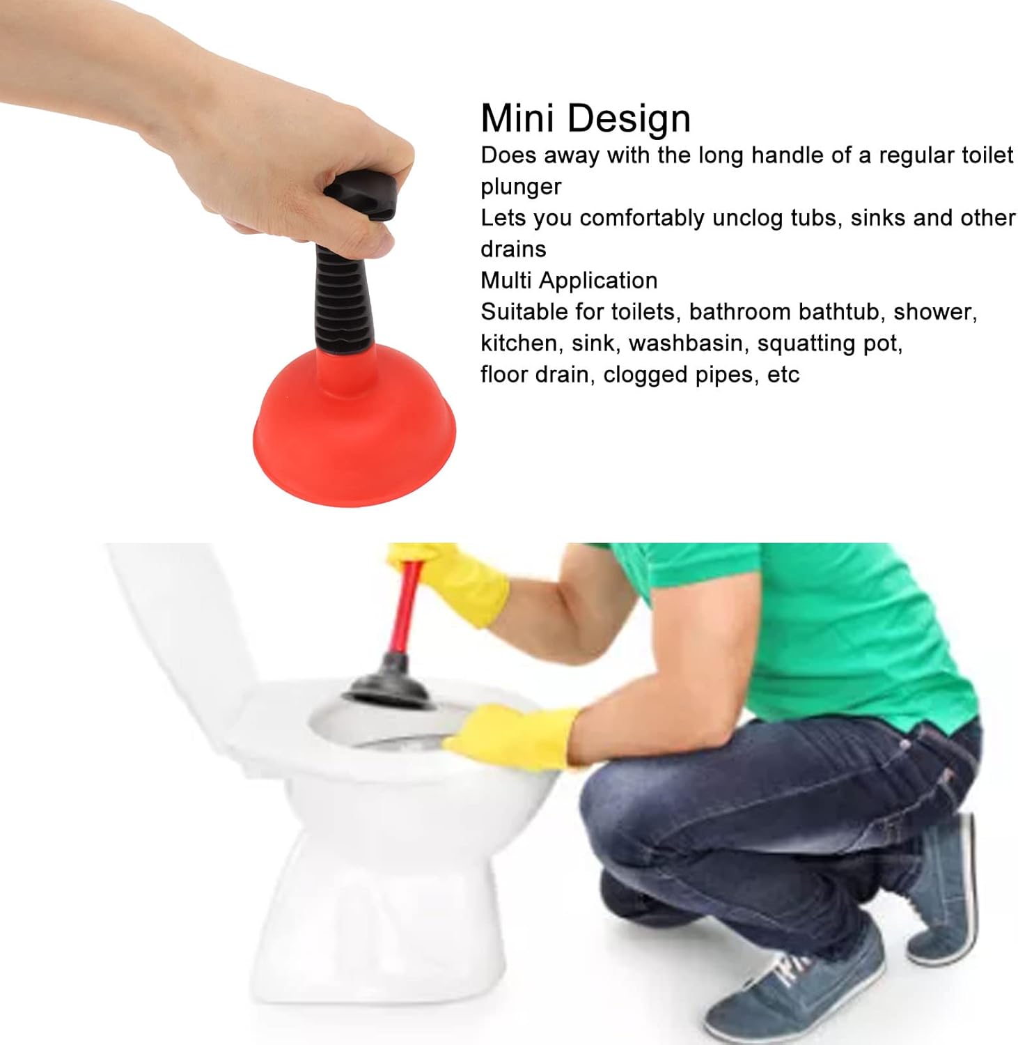 Mini Sink Plunger with Short Handle for Quick Drain Unclogging