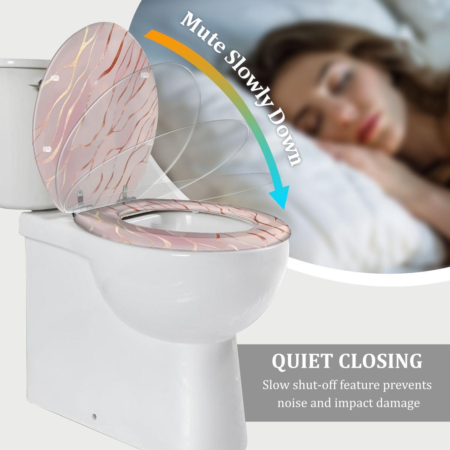 Round Toilet Seat with Rose Gold Rose Marble Decorative Pattern