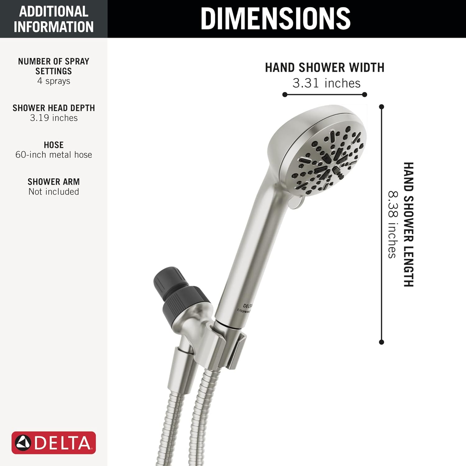 Delta 4-Spray Handheld Shower Head Brushed Nickel 25 GPM 75413DSN